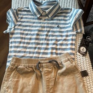 Volcom Blue and White Striped Polo with Tan Shorts